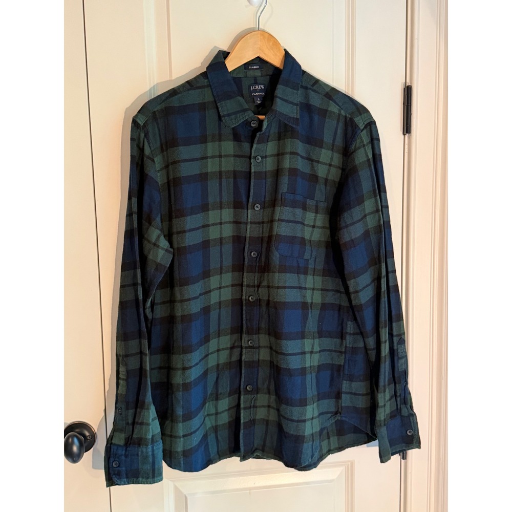 J.Crew Mens Flannel Shirt Large Navy Blue Green Black Watch Plaid Button Down - Picture 2 of 7